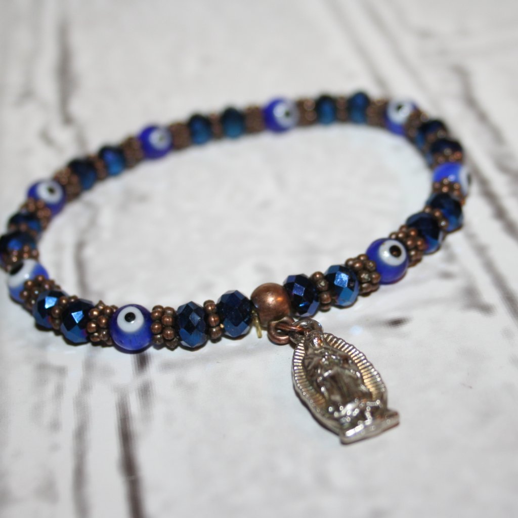 Silver & Blue Evil Eye Bracelet With Mother Mary Charm 7